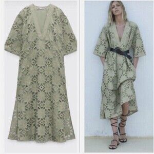 New Zara Women's Embroidered Lace Oversized Dress Kaftan Sage Green Small